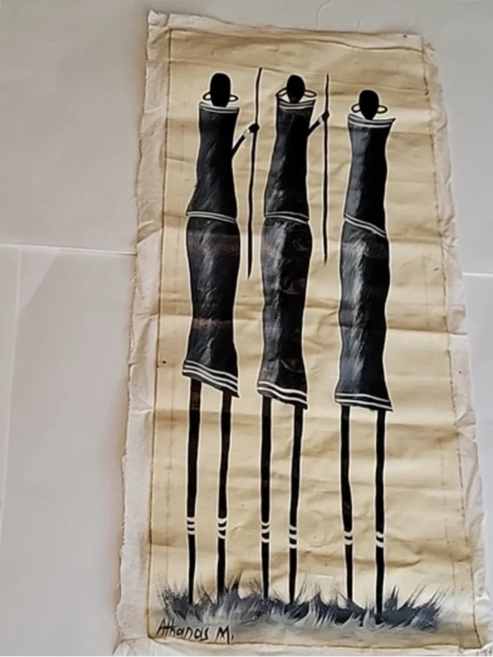 Hand-Painted African Silhouette Textile Art - Black on Cream